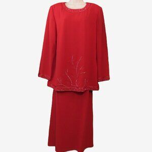 VTG Misty Lane Evening Red 3 Piece Set Beaded Crepe Top Maxi Skirt Scarf Size 12